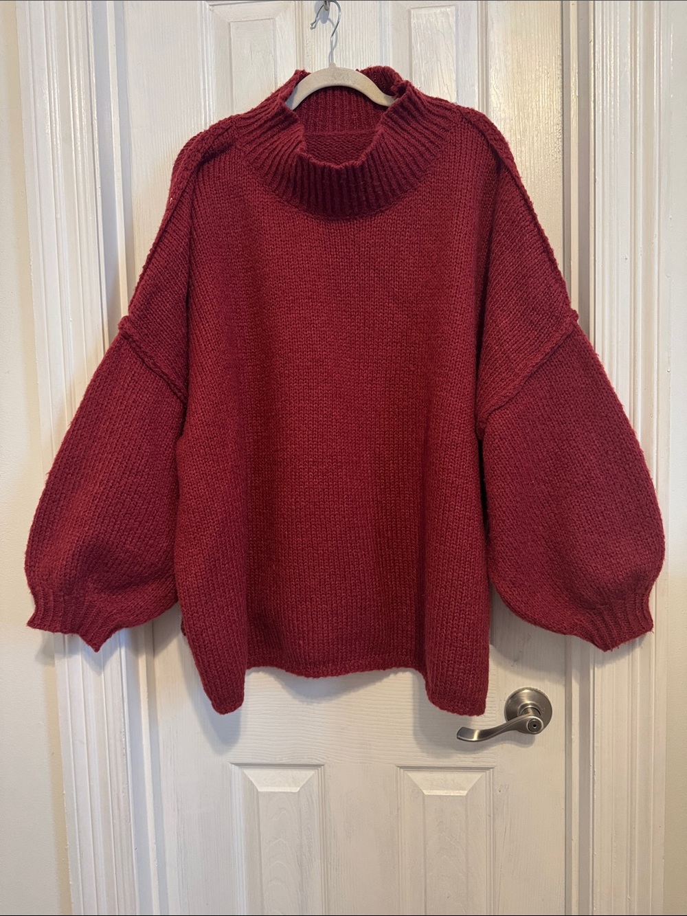 Red Mock Neck Puff Sleeve Sweater